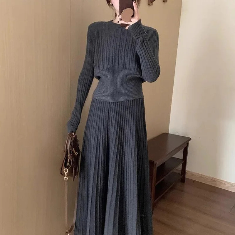Korean Fashion Solid Color Knitted Sweater Set Elegant Casual Autumn and Winter Knitwear Two-piece Set with Top and Skirt 251219