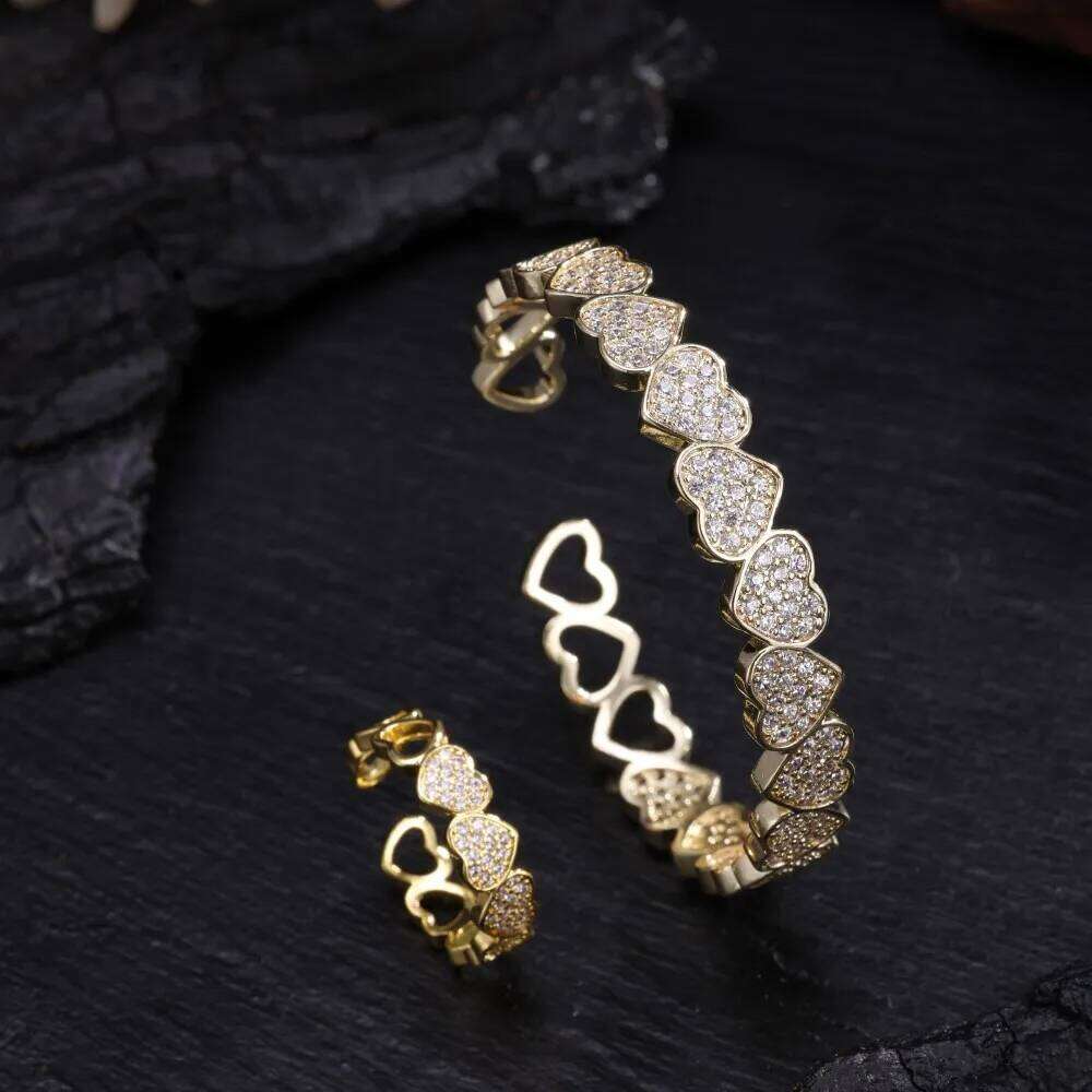 ZAKOL Luxury Buling Zirconia Heart-Shaped Open Bracelet Ring for Women Men Exquisite Hip-hop Rock Jewelry Couple Gift