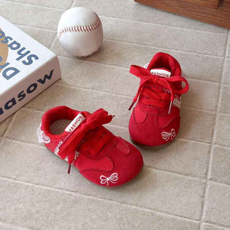 INS Children's Training 2025 Spring and Autumn New Korean Style Girls' Bow Embroidered Lace Edge Forrest Gump Shoes