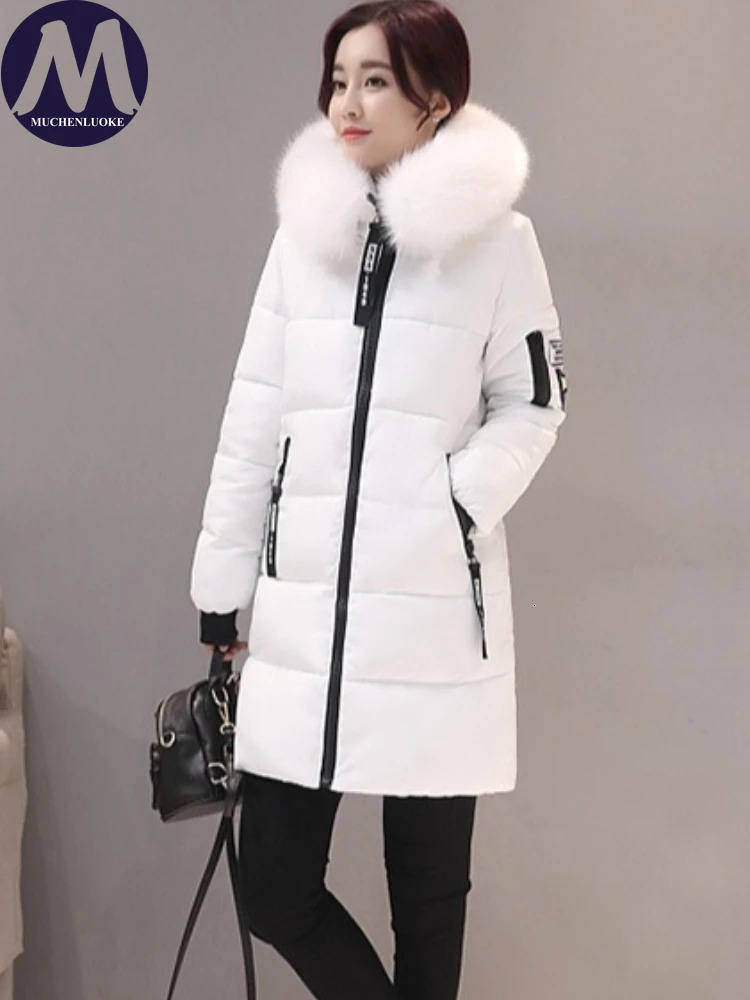 Elegant Winter Jacket for Women 2025 Hooded Fur Collar Thickened Warmth Korean Fashion Slim Fit Medium Length Parkas 251210