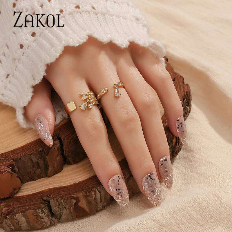 ZAKOL Brand Korea Multilayer Zircon Engagement Open Rings for Women Fashion Water Drop Party Jewelry