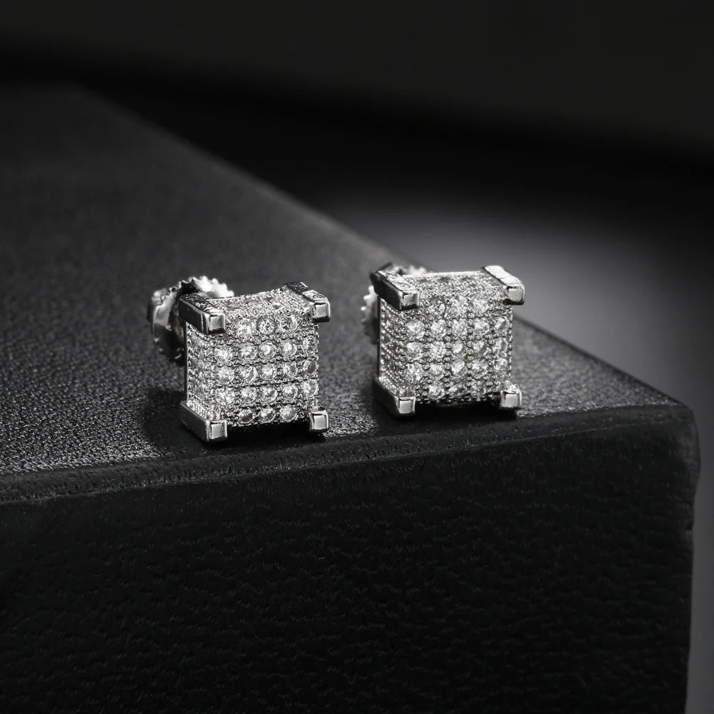 HipHop Male Small Screw Back Earring Full White Zircon Square Stud Earrings For Men Women Punk Gold Silver Color Party Jewelry 251224