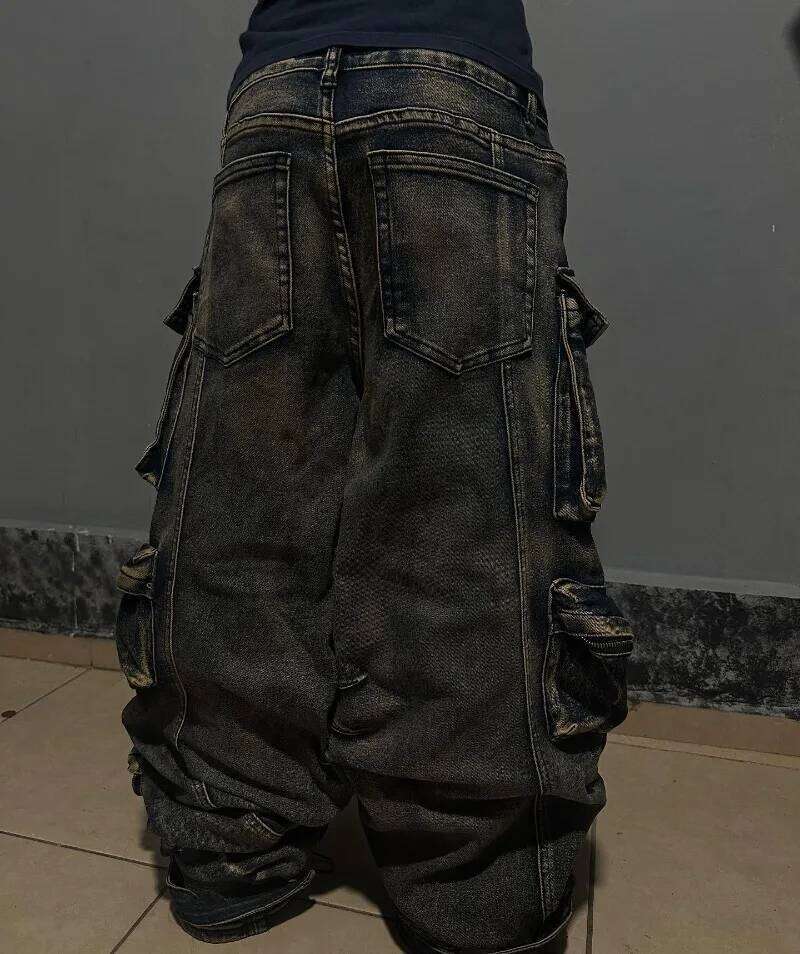 Y2K New Fashion Washed Multi-pocket Old Baggy Tooling Jeans Men Vintage Hip-hop Straight Casual Punk High Waist Wide Leg Pants