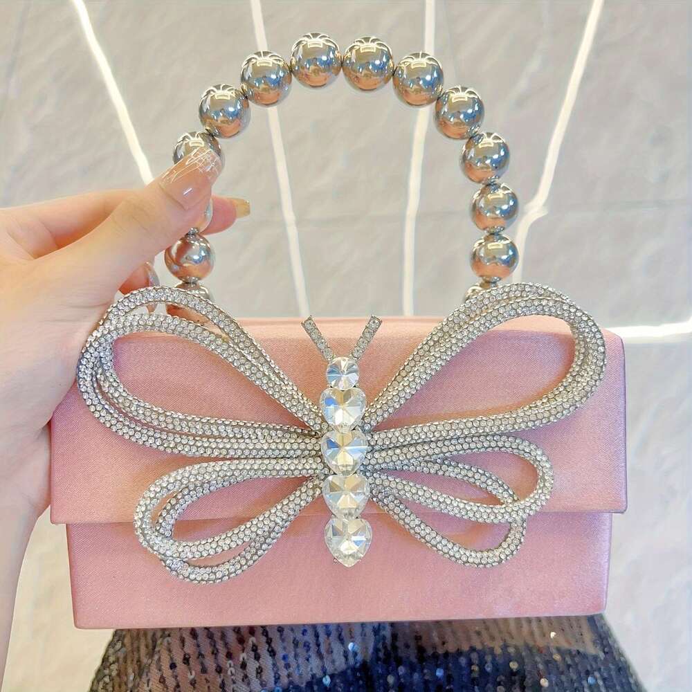 JINXIANGGUO A New Sparkling Crystal Butterfly Handbag With Silvery Bead Handle Featuring Spacious Interior It Makes Great Gift Her Suitable For Birthd