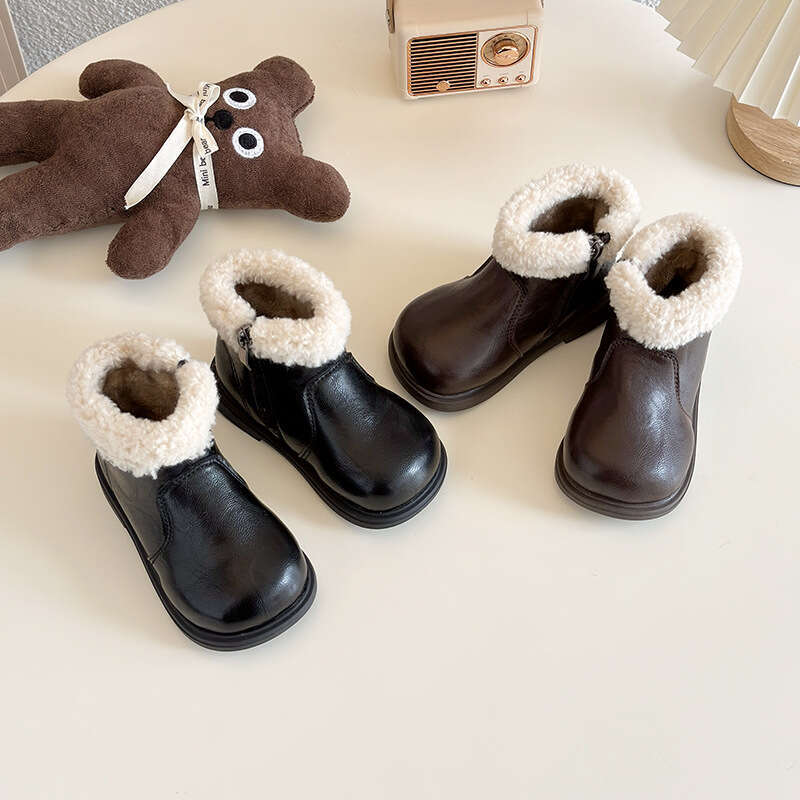 ins Children's British Style Martin 2024 Winter New Korean Version Girls' Fashion Short Thick Sole Fleece Cotton Boots