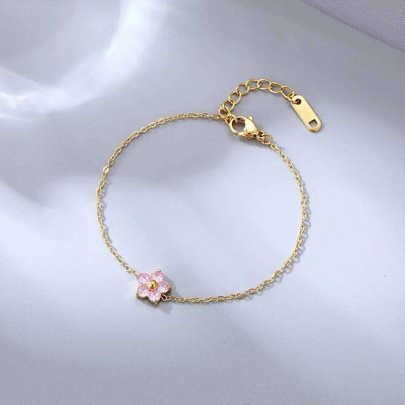New Stainless Steel 16K Gold Plated Colorful Cubic Zirconia Flower for Women Girls Waterproof Dainty Bracelet Jewelry 25H1229