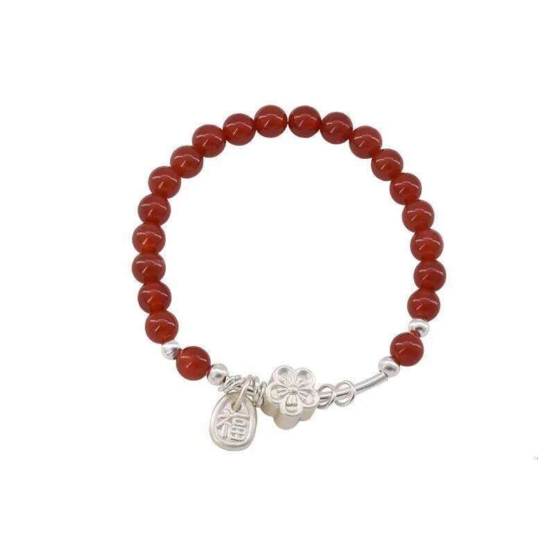 VENTFILLE 925 Sterling Silve Red Agate Bracelet for Women Flower Pendant Lucky Bead Jewelry Gift 25H1229
