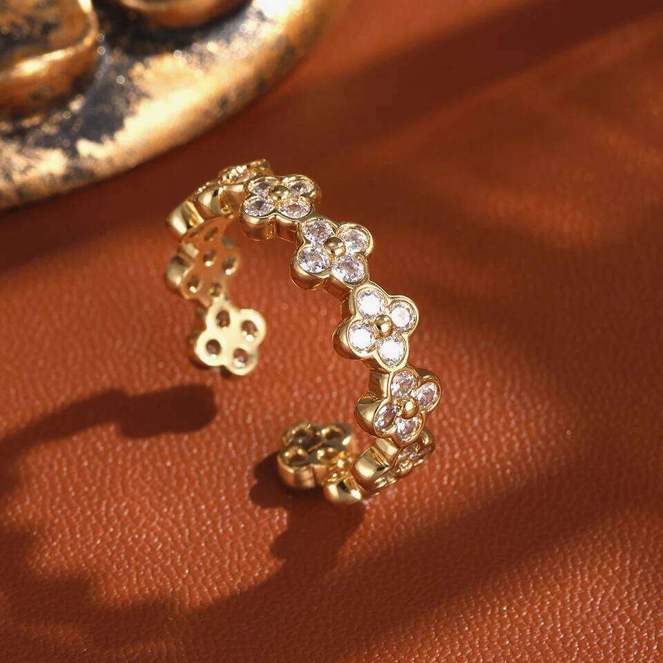 ZAKOL Colorful Zircon Five-leaf Flower Clover Adjustable Open Rings for Women Exquisite 18K Gold Birthday Jewelry Gifts