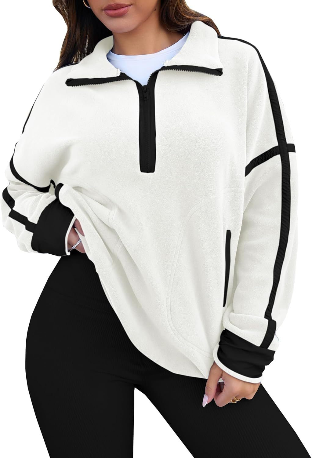 Women's Half Zip Patchwork Sweatshirt Casual Fashion Long-Sleeve Stand Collar Pullover Versatile Color-Block Polar Fleece Top With Pocket