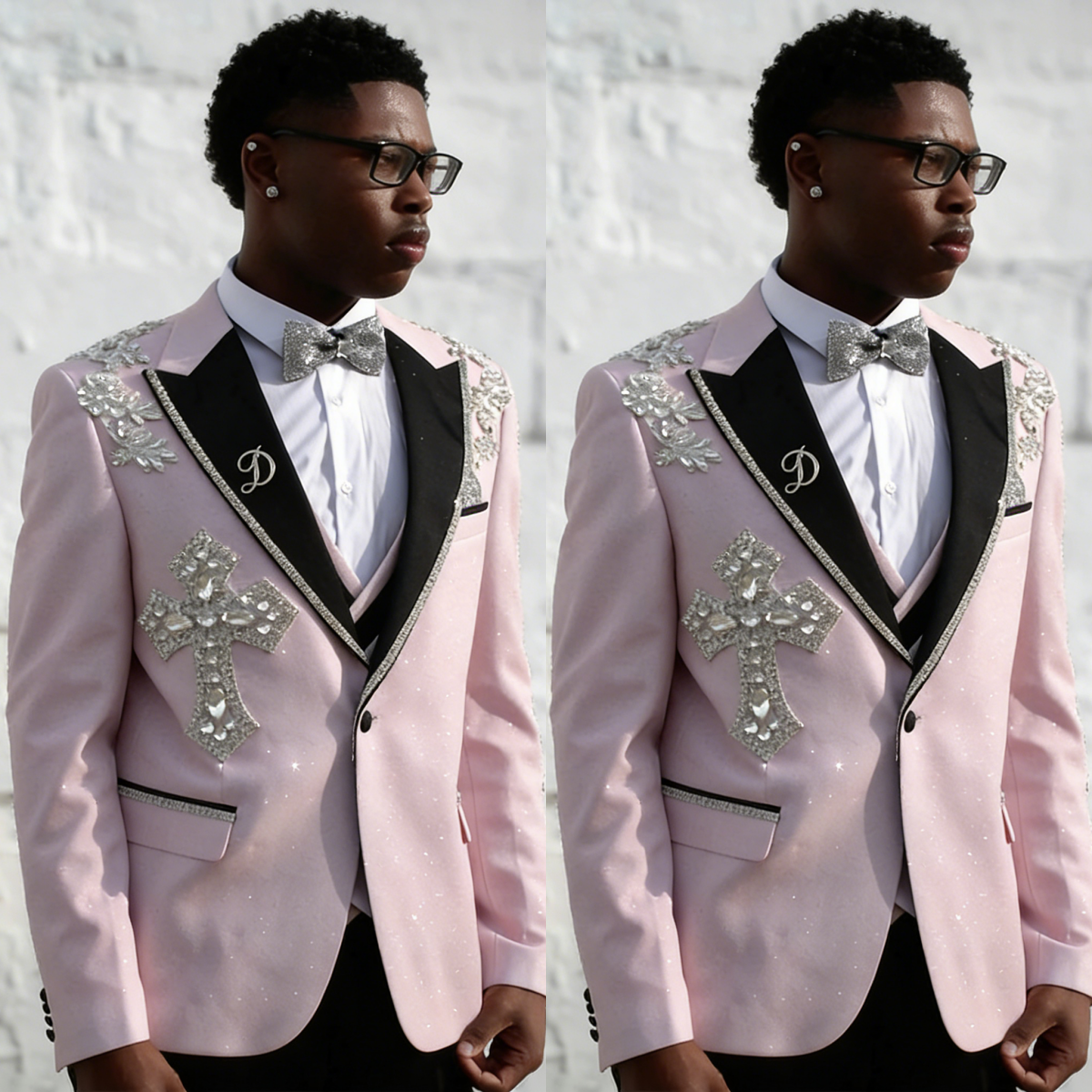 Modern Men Suits Crystal 2 Pieces Tailor-Made Peaked Lapel Jacket Appliques Cross Blazer One Button Groom Customized Coat Pants Plus Size