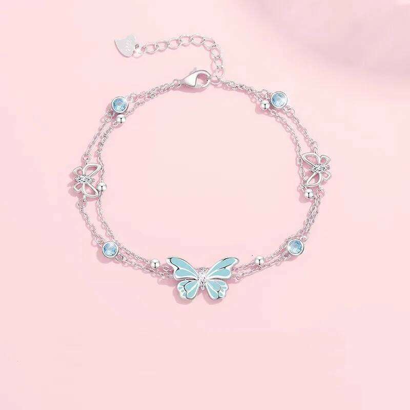 925 Silver Elegant Blue Luminous Double-layer Butterfly Bracelet with Adjustable Size for Women's Birthday Party Gifts 25H1229