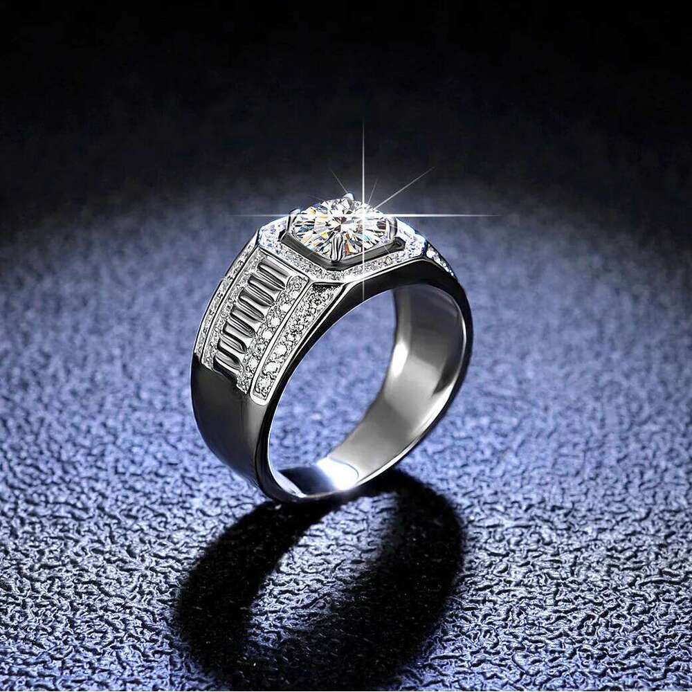 18K Gold Set Full 1-Ct Moissanite Ring, Simple and Elegant, Boss Men's PT950 Platinum Diamond Ring 3d6
