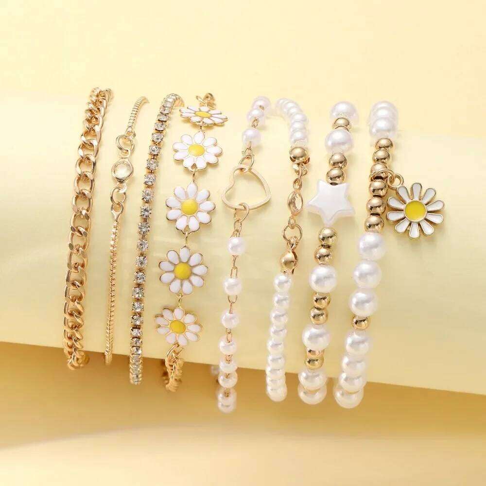 5pcs Charm Daisy Flower Pearl Heart Bracelet for Women Personality Trendy Multilayer Gold Color Zircon Jewelry Set Gift 25H1229