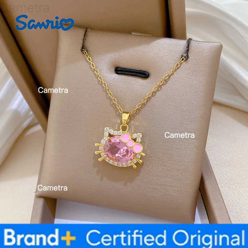 Sanrio Pink Crystal Hello Kitty Pendant Necklace for Women Girls Sweet Cute Stainless Steel Chain Jewelry Accessories Gifts H251229