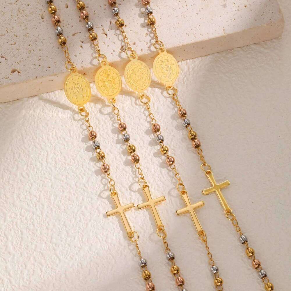 Three-color Holy Rosary Cross Bracelet for Women,Round Bead Stainless Steel Gold Color Bracelet,Virgin Mary Christianity Jewelry 25H1229