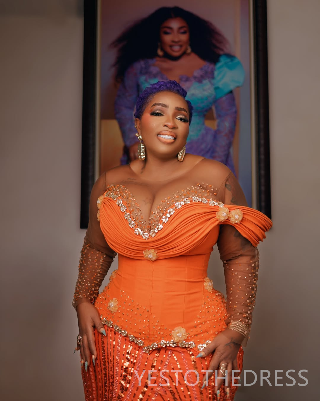 2026 Plus Size Orange Prom Dress Mermaid Evening Dress Robe De Soiree Sheer Neck Long Sleeves Beaded Lace Crystals Birthday Dress Second Reception Gow