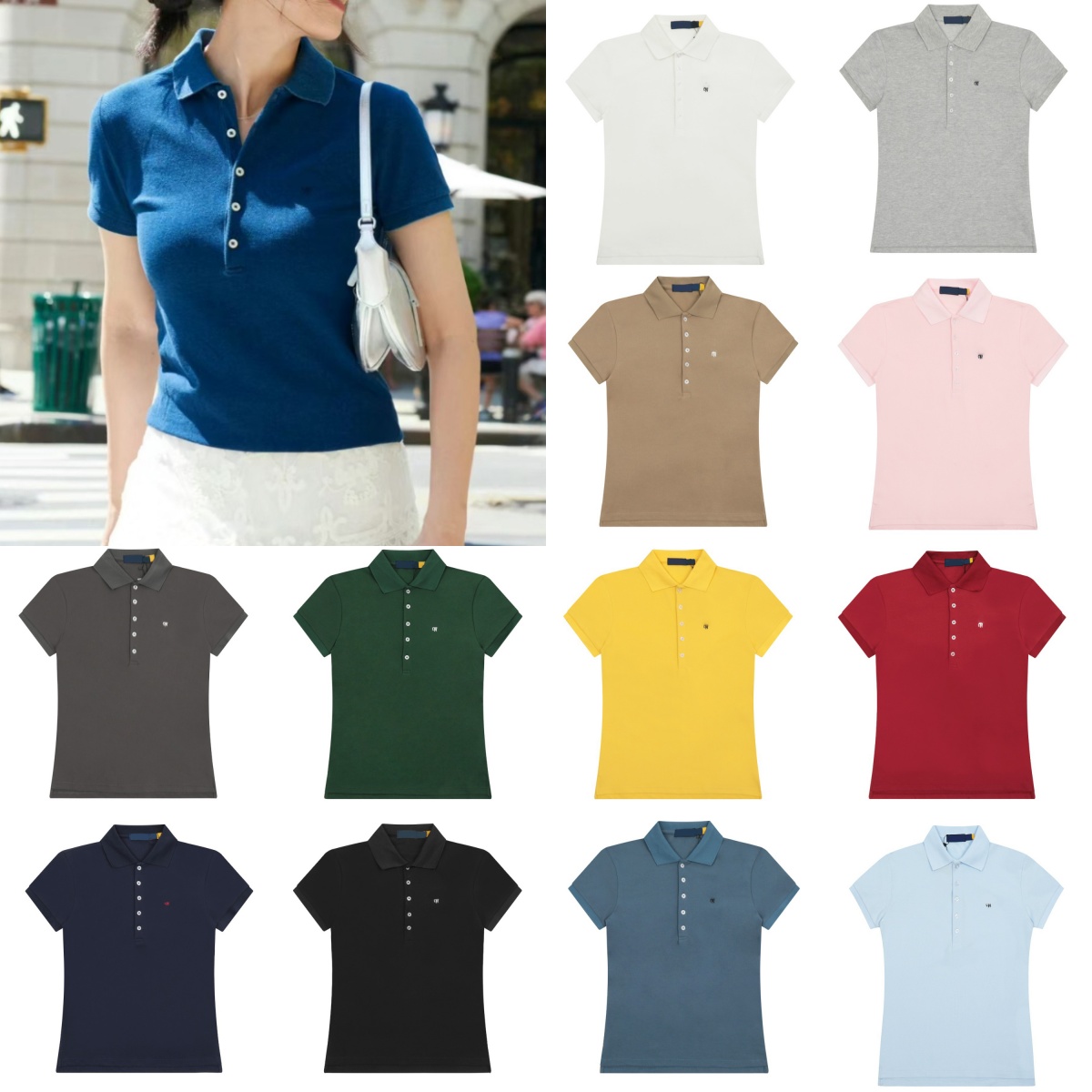 Hot sell designer T shirt clothes High-quality women clothing top embroidered five-button classic fitted short sleeved T shirts Cotton summer basic polo shirt tee