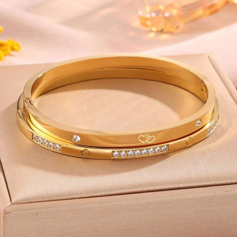 ZAKOL 4Pcs Stainless Steel Zircon Inlaid Bracelets for Women Exquisite Heart Flowers Minimalist Waterproof Stacked Bracelet Gift