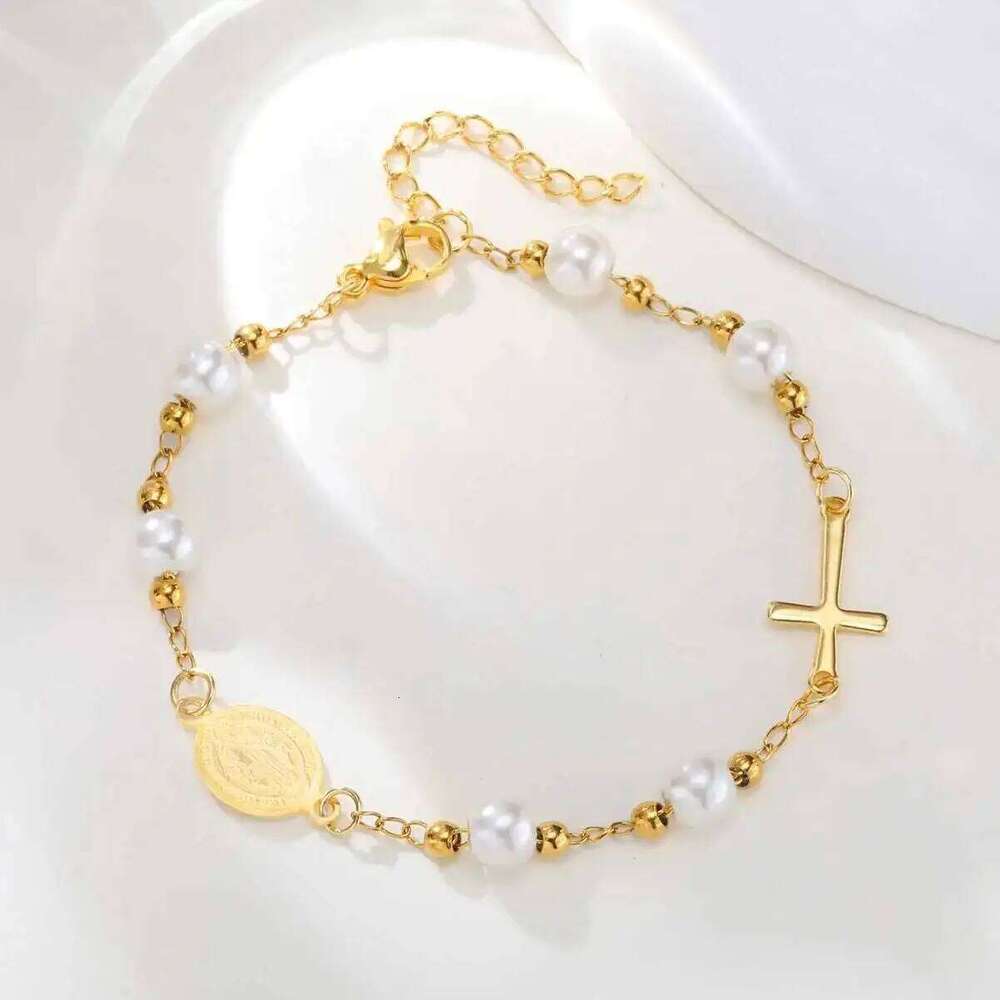 Holy Stainless Steel Cross Benedict Virgin Bracelet,Women's Gold Plated Beaded Chain Bracelets,Trendy Jewelry Gifts 25H1229