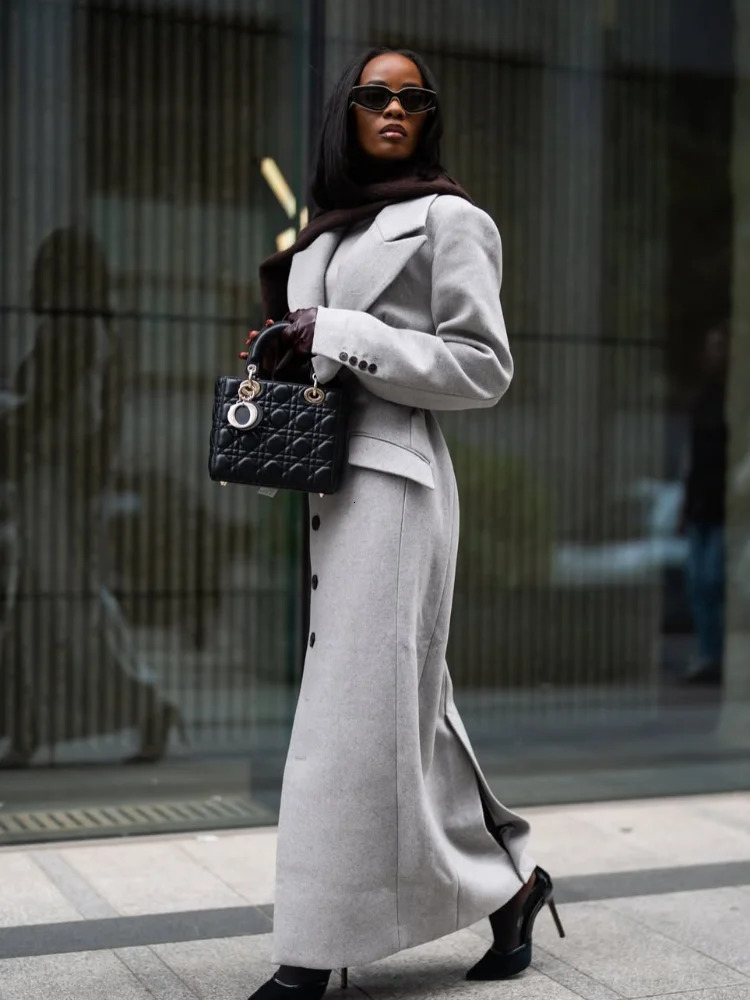 Elegant Cinchedwaist Woolen Overcoat Women Fashion Lapel Vneck Single Breasted Pocket Slim Coat Lady Autumn Daily Street Coats 251216