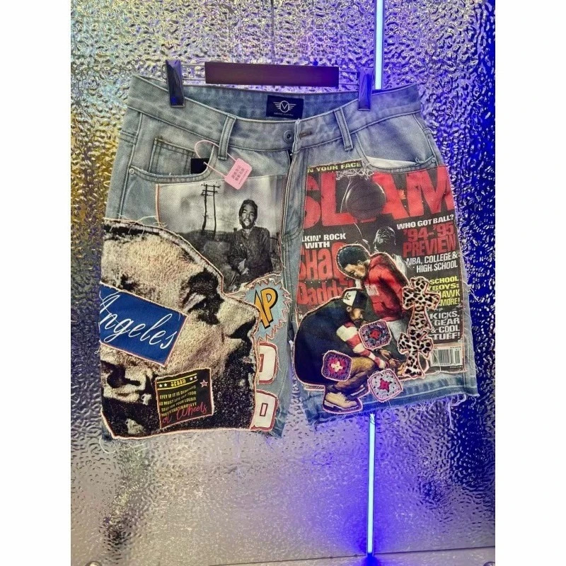 American Retro Washed Denim Shorts Y2K Jeans Mens Hip Hop Street Graphic Baggy Shorts Low Waist Over The Knee Basketball Shorts 251223