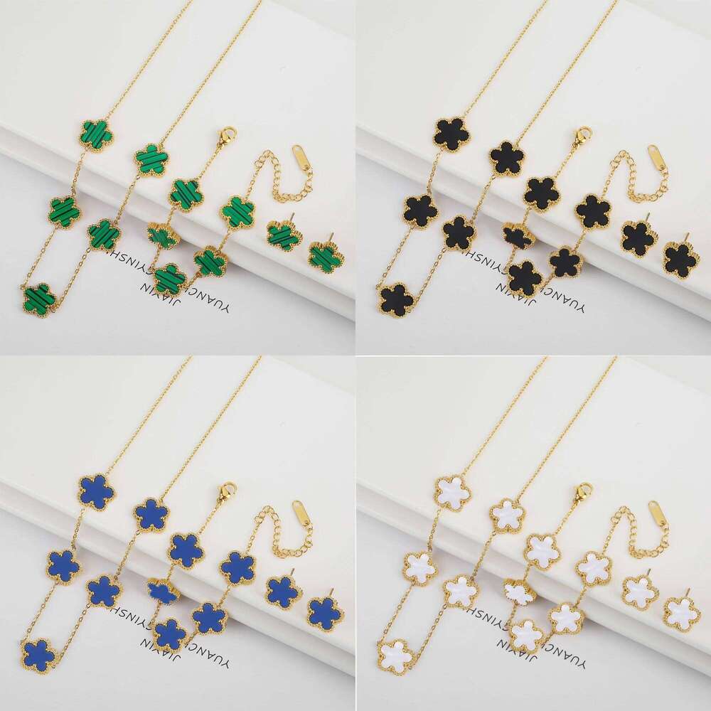 Classic Stainless Steel Five Leaf Flower Necklace Set Bracelet Earrings Simple for Woman Girl Party Daily Wear Jewelry 25H1229
