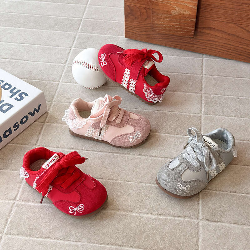 INS Children's Training 2025 Spring and Autumn New Korean Style Girls' Bow Embroidered Lace Edge Forrest Gump Shoes