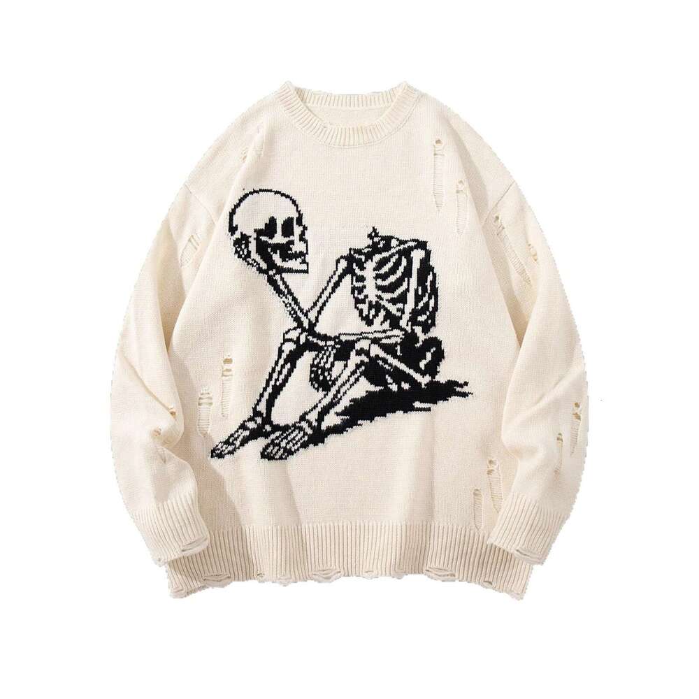 Autumn Winter Vintage Y2K Round Neck Skull Jacquard Unisex Pullover Loose Knitted Long Sleeve Sweater