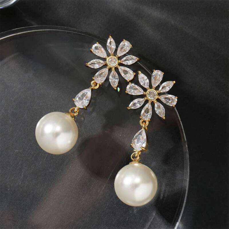 ZAKOL Sweet Romantic Round Imitation Pearl Drop Earrings Exquisite Shiny CZ Flower Earring Birthday Jewelry Gift for Girls