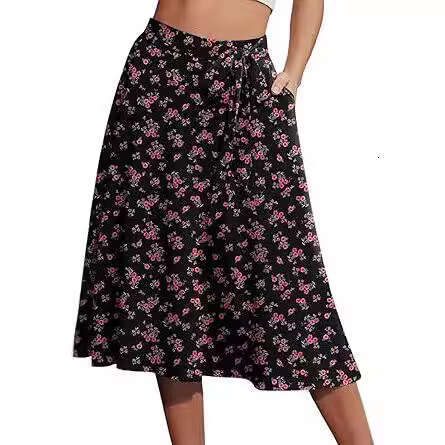 Women's A-Line Cake Waist Casual Midi Draped Elastic Flared Drawstring Fringe Hem Punk Vintage for Casual Wear Printed Pocket