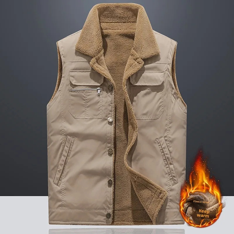 Mens Fleece Lined Thickened Jacket Vest Fashionable Warm Comfortable Versatile Handsome Trendy Shoulder Pad Outerwear 251225