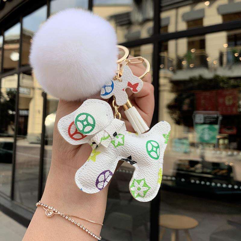 Leather Plush Bow Dog Car Key Chain Keychain Wristlet Couple's Bestie Keychain Bag Charm