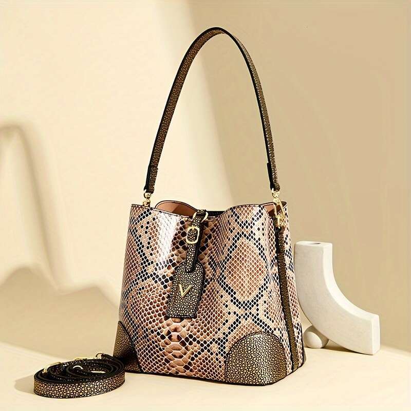 JINXIANGGUO Pc Color Block Gradient Snake Print Fabric Tote Bucket Women Large Capacity Multi Pocket Handheld Crossbody Bag For Daily Use