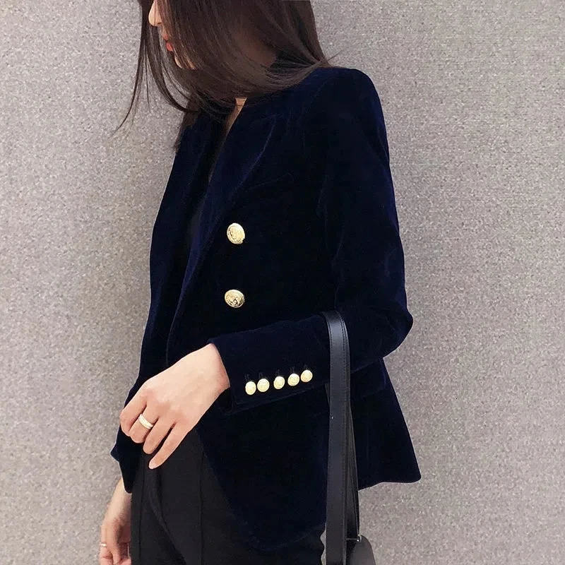 Spring Fashion Women Midnight Navy Slim Velvet Blazer Office Lady Double Breasted Suit Jacket Coat Female Party Clothes Gift 251227