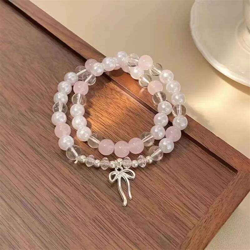 Cute Pink Beaded Imitation Pearl Bracelet For Women Girl Elegant Y2k Sweet Korean Charm Bowknot Bow Jewelry Party Gifts 25H1229