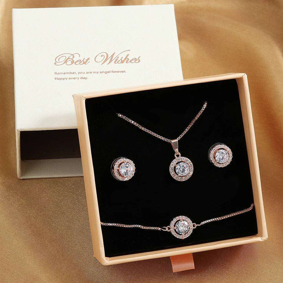 ZAKOL 3 Pcs Jewelry Gift For Women Shiny AAA Cubic Zirconia Earrings Bracelet Necklace Set Accessories With Gifts Box