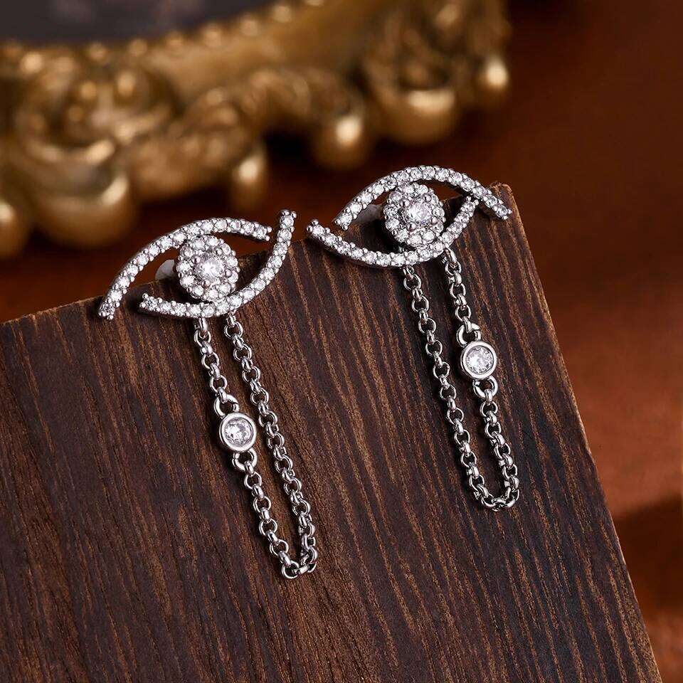 ZAKOL Trendy Turkey Evil Eye Zircon Inlaid Chain Tassel Earring Original Design Sliver Gold Color Wedding Party Ear Accessories