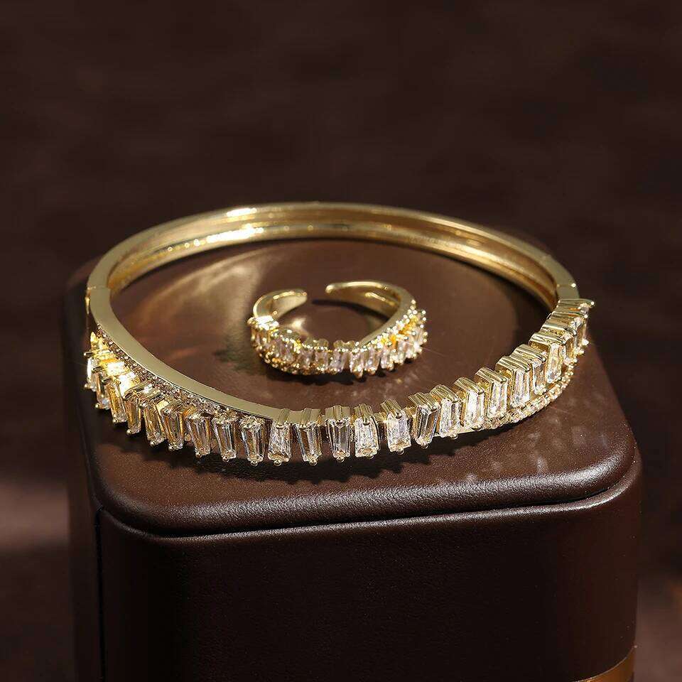 ZAKOL Brand Classic Baguette Cubic Zirconia Ring Bracelet Set Luxury 18K Gold Color Wedding Engagement Party Jewelry Sets