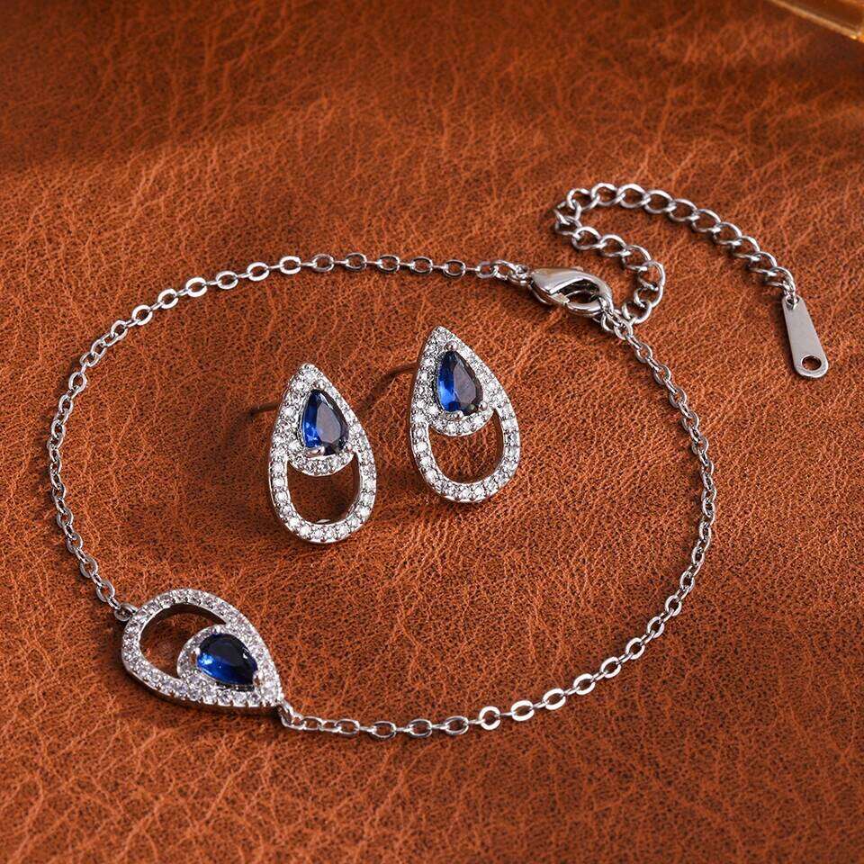 ZAKOL Brand Original Design Blue Water Drop Zircon Earring Bracelet Set Micro Pave Cubic Zirconia Fashion Women Jewelry Sets