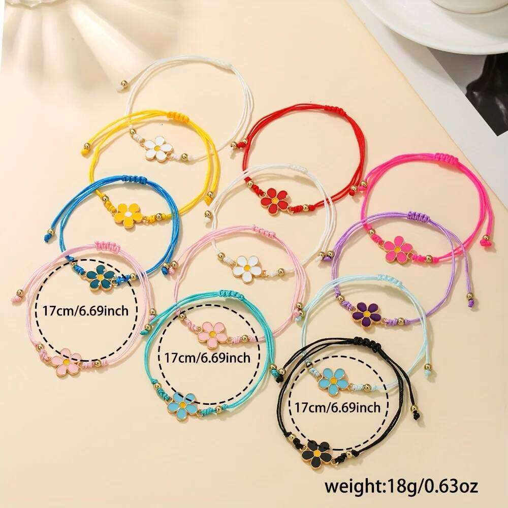 12pcs Set of Sweet and Adorable Colorful Floral Elements Adjustable Handmade Braided Bracelets, Perfect for Daily Wear 25H1229