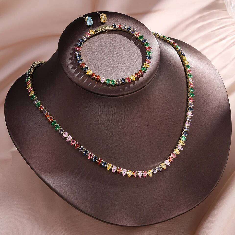 ZAKOL New Colorful Water Drop Cubic Zirconia Tennis Bracelet Necklace Earrings Set for Women Elegant Wedding Jewelry