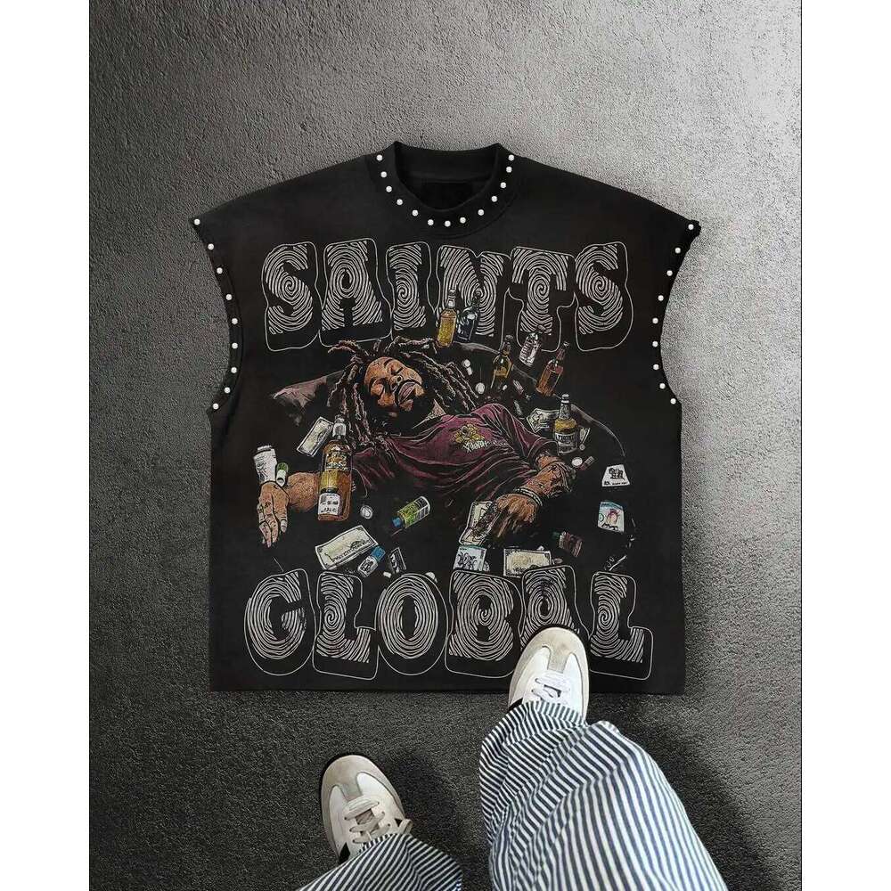 Y2K Popular Willow Nail Round Neck Vest Retro Punk Hip Hop Oversized Printed Pure Tops Classic Loose Sleeveless T Shirt