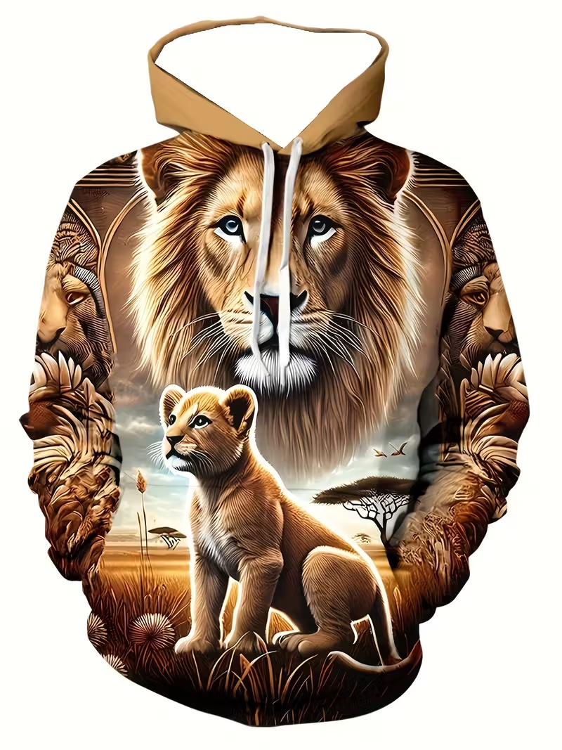 Retro African-inspired Men's Hoodie Lion Cubs on the Savannah All-Over Print 3D Print Relaxed Fit Casual Wild Style Pullover Hoodie