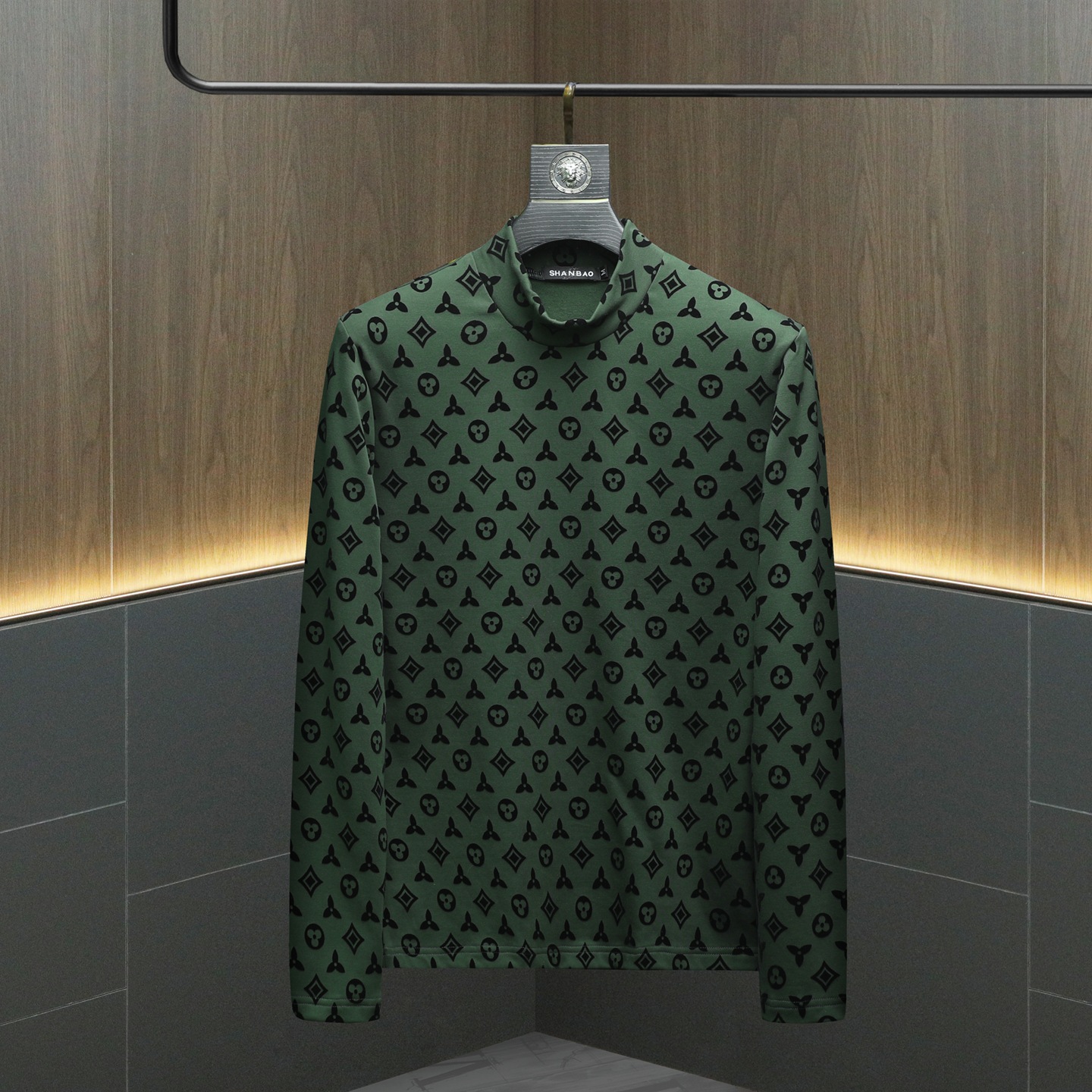 free shipping 2026 spring autumn new men's half high neck long sleeved high-quality printed T-shirt inner cloth black coffee green grey