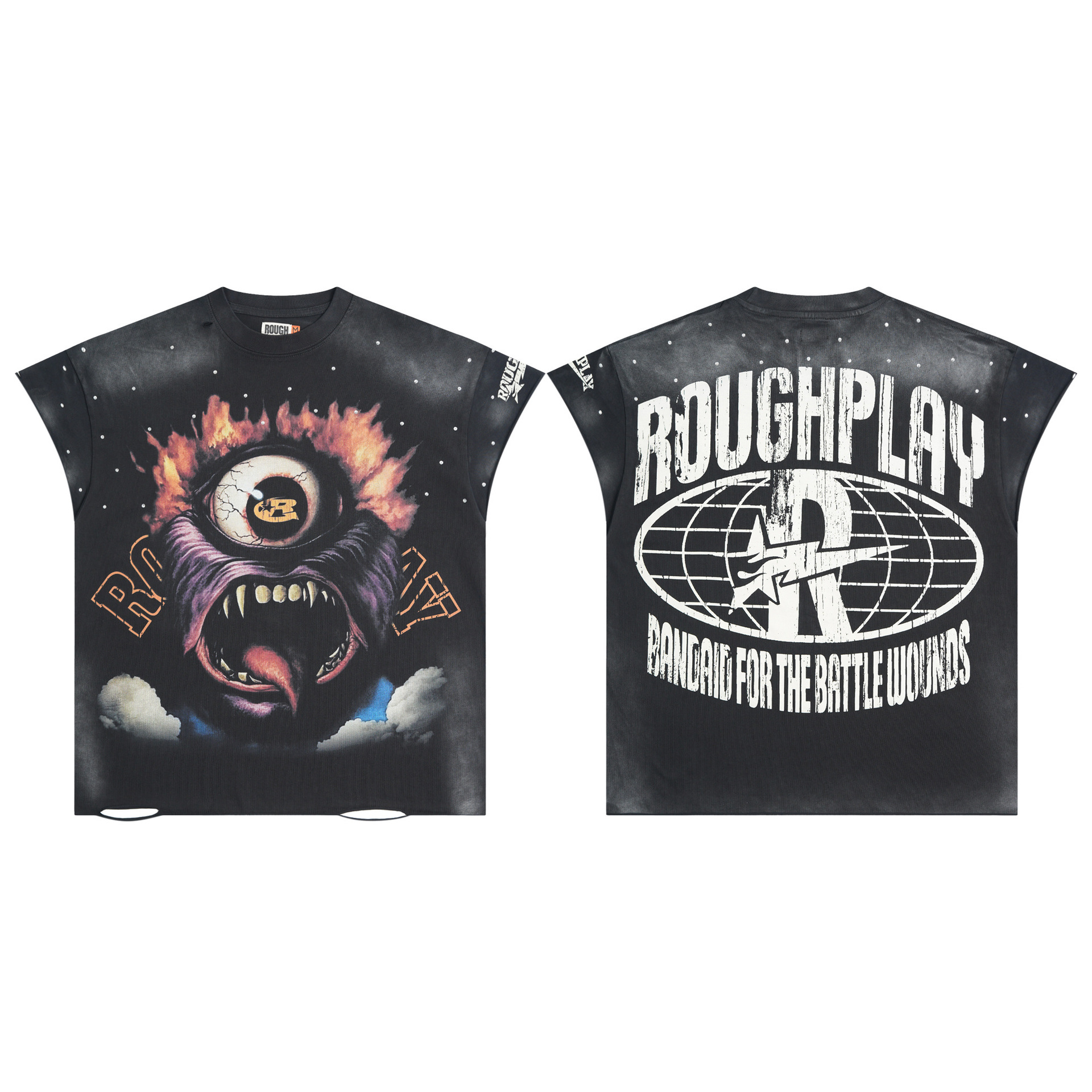 Men's T Shirts High Quality Roughplay T Shirt Real Pictures All-match Men Women Hip-hop Graffiti Print Perforated Short-sleeved Rhinestone Vest R