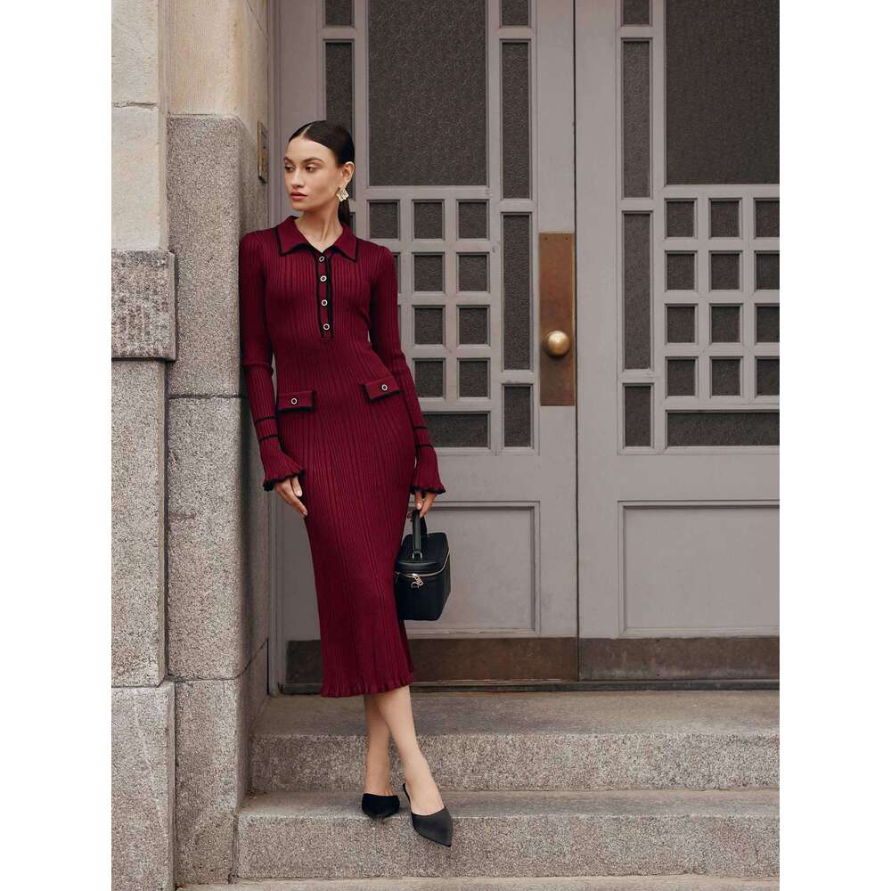 Dress for women French Style Light Luxury Ruffled Knitted 2026 New Autumn Winter Sweater Turn-Down Collar Slim Mid-Length Dress, Office Casual Wear