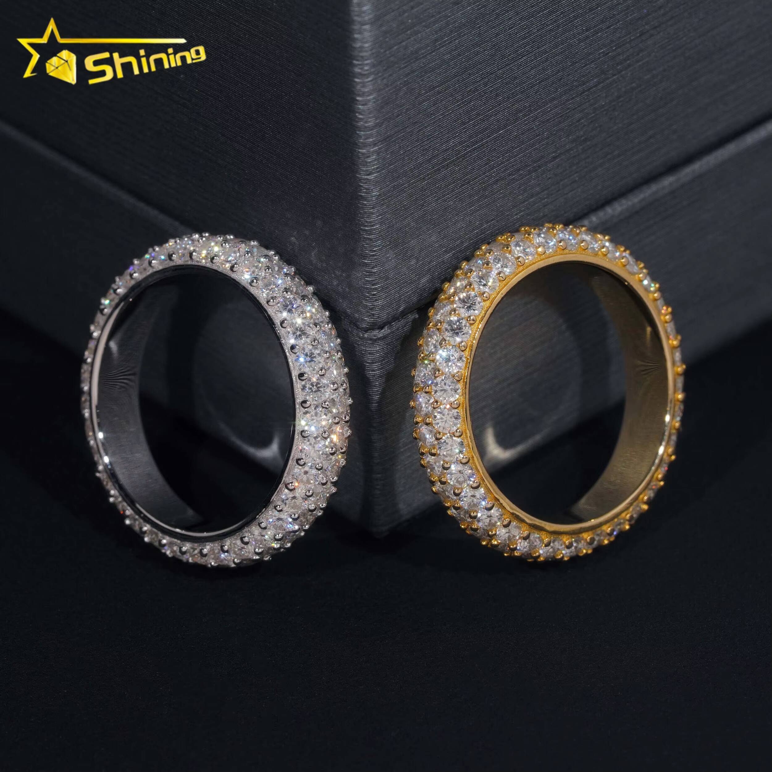 Factory Stock GRA Certified Solid 925 Sterling Silver Gold Plated Fine Jewelry Fully Iced Out 3 Rows Moissanite Band Ring