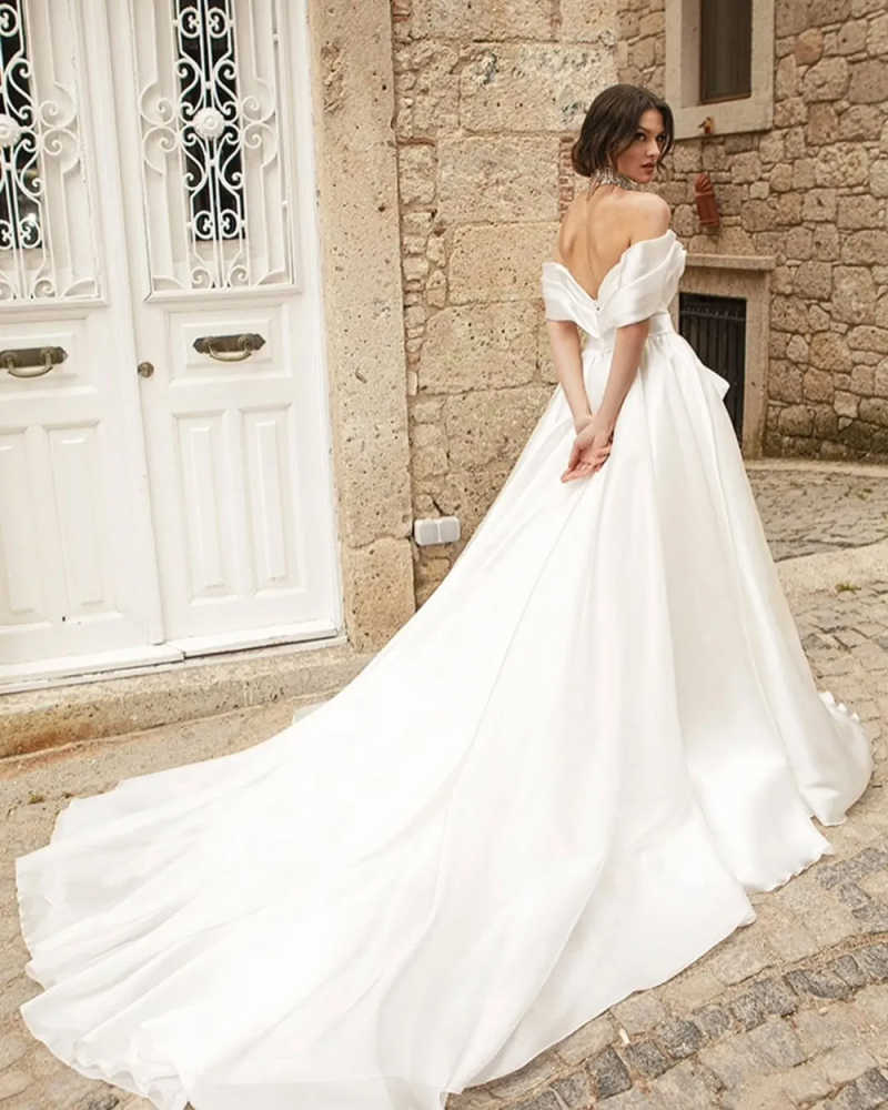 Elegant Ivory Satin Wedding Dress V Neck Off the Shoulder Bow Bridal Gowns A line Floor Length Robe De Customized