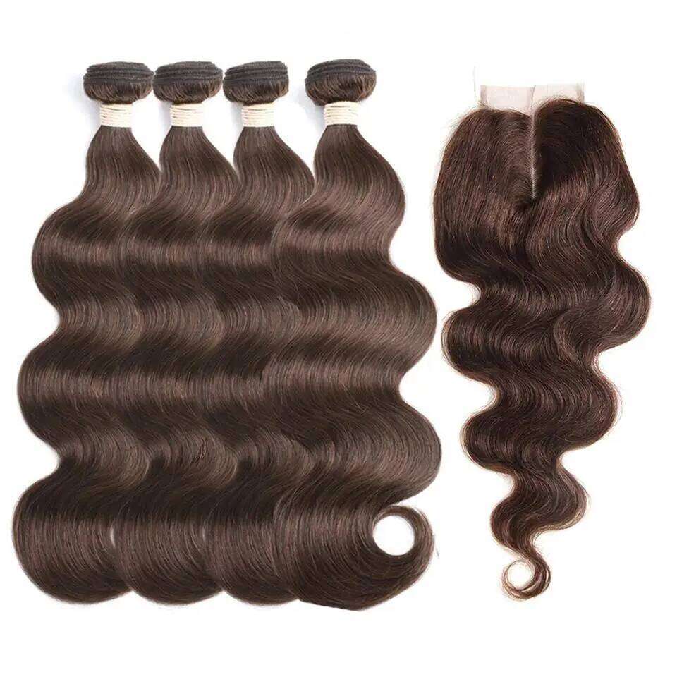 Dark Brown Body Wave With Human With 4X4 Lace Closure Colored 3/4 Bundles Hair Remy For Women VMS