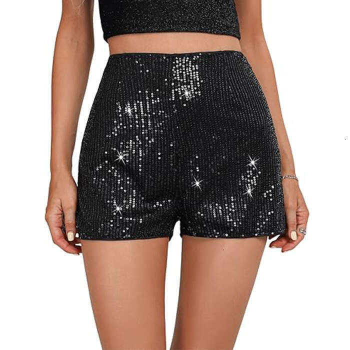 Women's Sexy Straight Shorts Spring Multi-Color Shiny Sequin Slim Hot Pants Mid-Waist